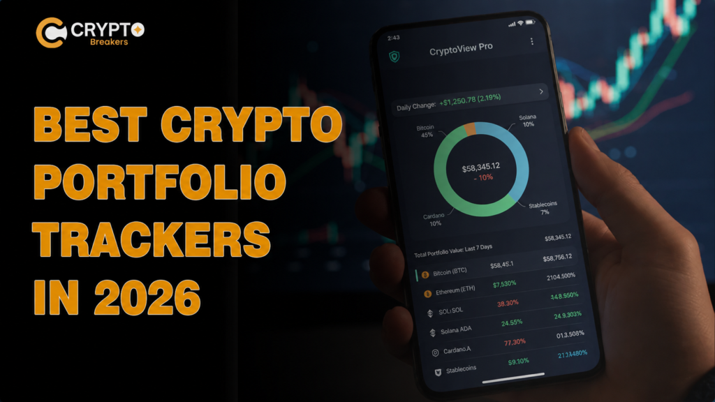 Best crypto portfolio trackers in 2026 displayed on a laptop and smartphone dashboard with Bitcoin, Ethereum, and portfolio analytics.