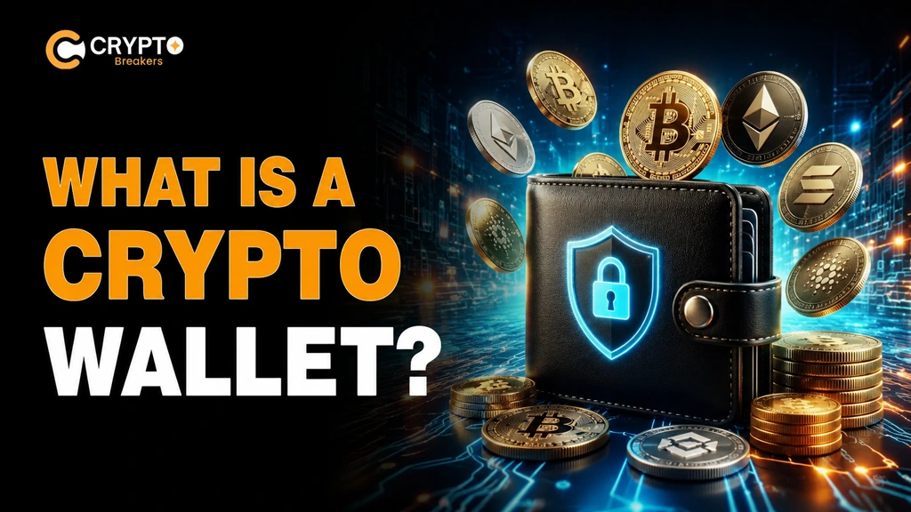 What Is a Crypto Wallet? The Complete Beginner’s Guide (2026) Illustration of a crypto wallet with Bitcoin, Ethereum, Solana, and other cryptocurrency coins representing secure blockchain asset storage.