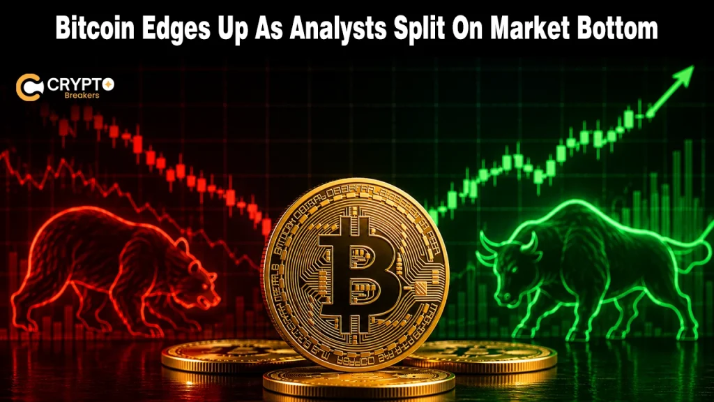 Crypto Markets Mixed as Trump’s Iran Warning Lifts Bitcoin and Dogecoin Bitcoin coin between glowing red bear and green bull market charts.