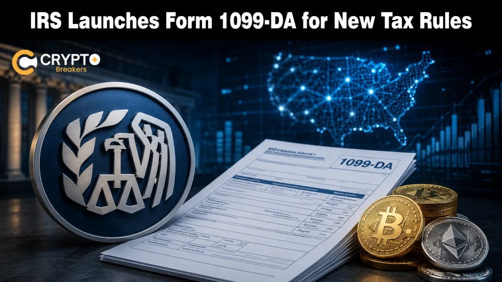 IRS seal badge alongside a Form 1099-DA document and cryptocurrency coins.